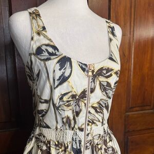 J. Crew Linen Zip-Front Dress in Gold Foil Leaf Size 2